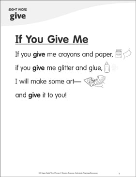 If You Give Me: Poem for Sight Word “give” | Printable Skills Sheets