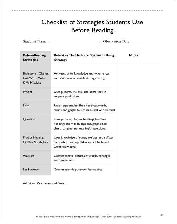 checklist of strategies to use before reading