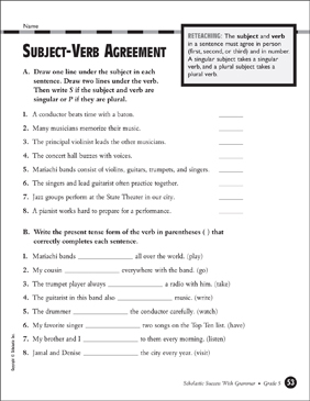 Subject-Verb Agreement (Grade 5) | Printable Test Prep, Tests and