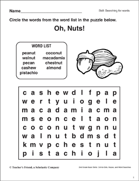 Word Search - Nuts | Printable Word Searches and Skills Sheets