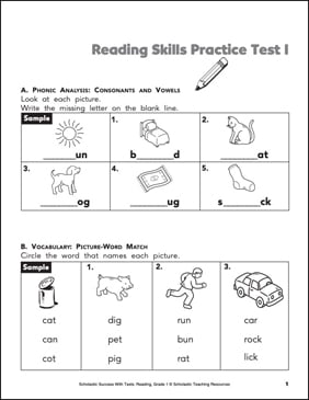 Reading Skills Practice Test 1 (Grade 1) | Printable Test Prep, Tests