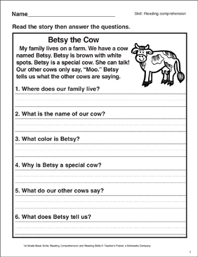 Betsy the Cow (Reading Comprehension) | Printable Skills Sheets