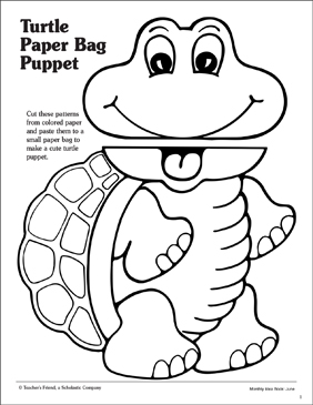 Turtle: Paper Bag Puppet Pattern | Printable Arts, Crafts and Skills Sheets