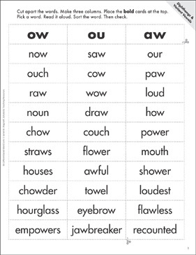 Diphthongs/Variant Vowels (ow/ou/aw): Word Sort | Printable Lesson