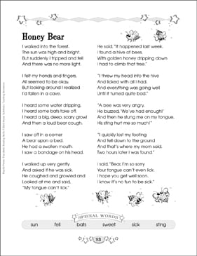 Honey Bear Building Reading Skills With Poetry Printable Lesson Plans And Ideas Skills Sheets