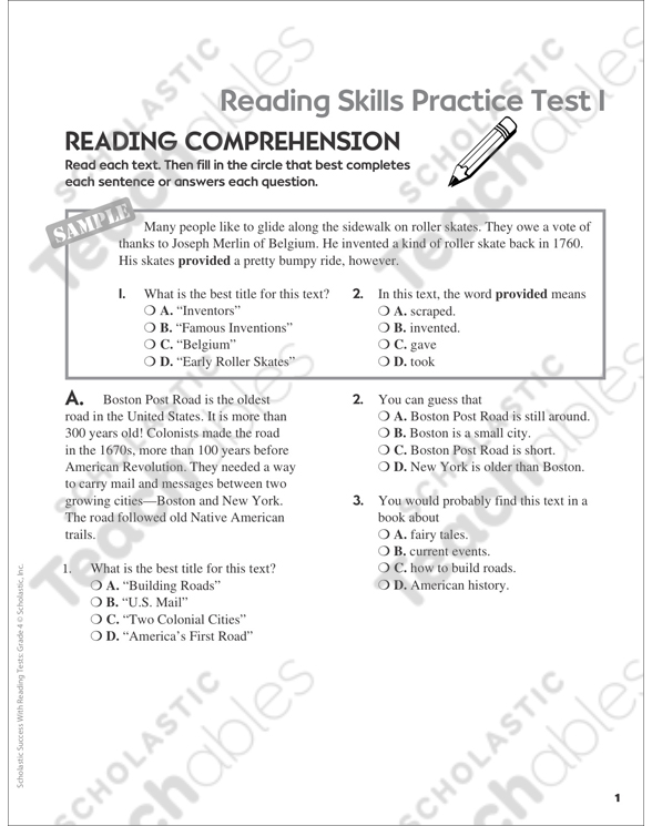 Reading Skills Practice Test 1 (Grade 4) | Printable Test ...