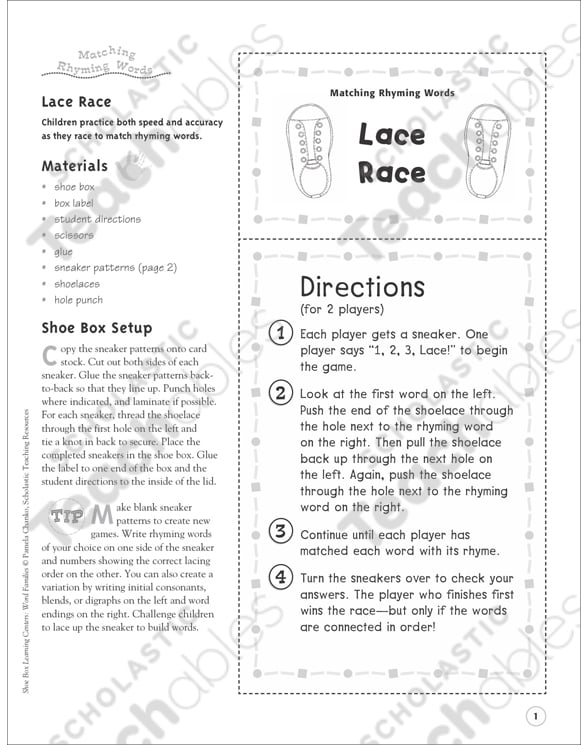 Lace Race Matching Rhyming Words Word Family Shoe Box Learning Center Printable Learning Centers Skills Sheets