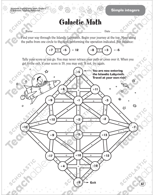 Galactic Math (Simple Integers) | Printable Mazes, Skills Sheets