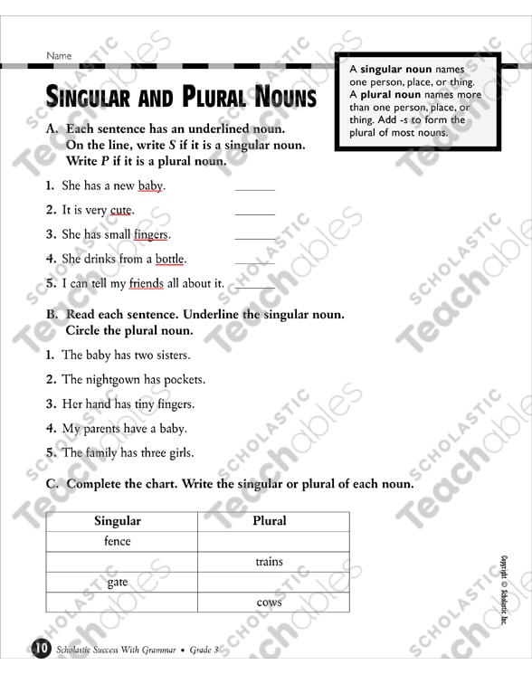 singular and plural nouns grade 3 printable test prep and tests skills sheets