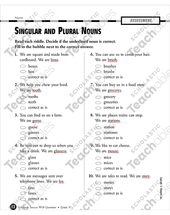 Singular and Plural Nouns (Grade 3) | Printable Test Prep and Tests, Skills  Sheets