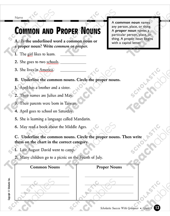 Common and Proper Nouns Printable Test Prep, Tests and Skills Sheets