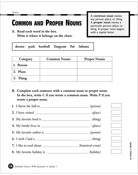 Common and Proper Nouns Printable Test Prep, Tests and Skills Sheets