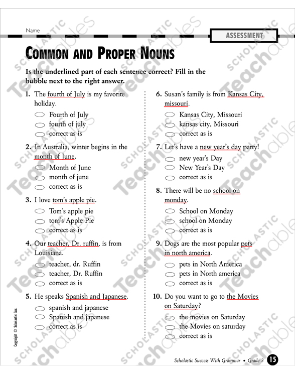 Common and Proper Nouns | Printable Test Prep, Tests and Skills Sheets