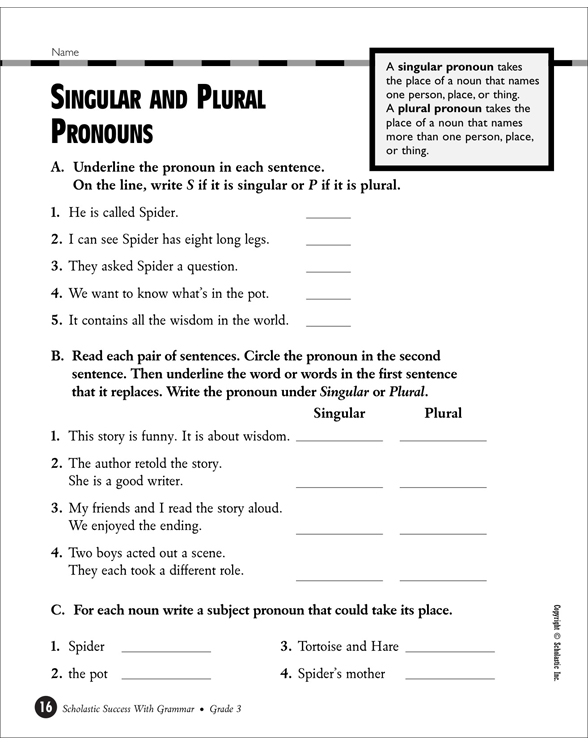 Singular and Plural Pronouns | Printable Test Prep, Tests and Skills Sheets