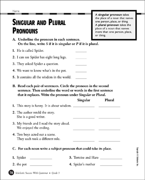 Singular and Plural Pronouns | Printable Test Prep, Tests and Skills Sheets