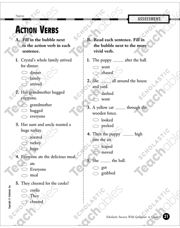 Action Verbs - Grade 3 | Printable Test Prep, Tests and Skills Sheets