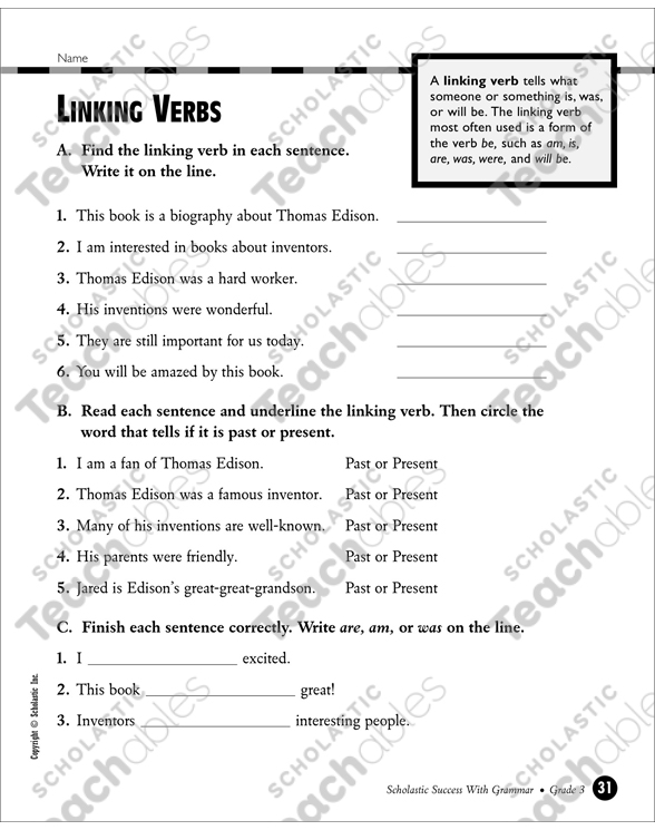 Linking Verbs Grade 3 Sheet 2 Printable Test Prep And Tests Skills Sheets