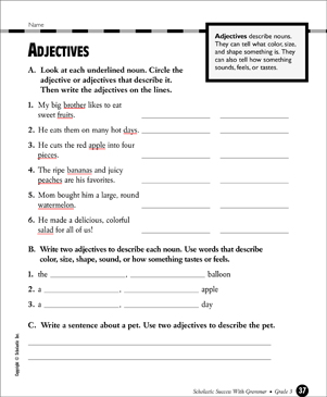 Adjectives - Grade 3 | Printable Test Prep, Tests and Skills Sheets