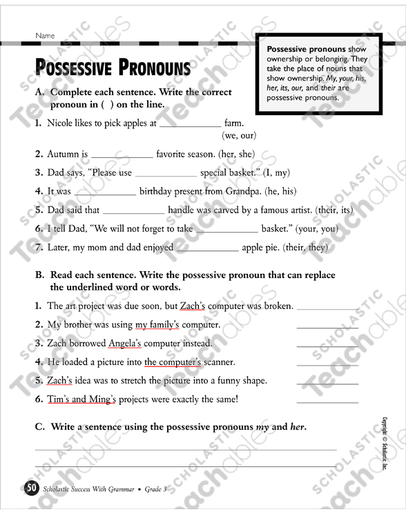 possessive pronouns grade 3 printable test prep and tests skills sheets