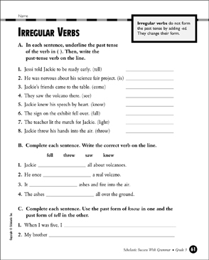 irregular verbs grade 3 printable test prep and tests skills sheets