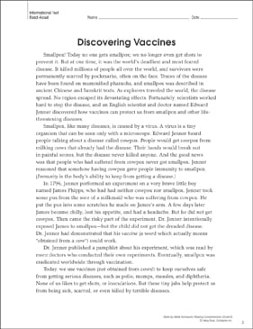 Discovering Vaccines Reading Homework Printable Texts Skills Sheets