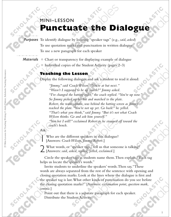 punctuate the dialogue writing mini lesson printable lesson plans and ideas skills sheets