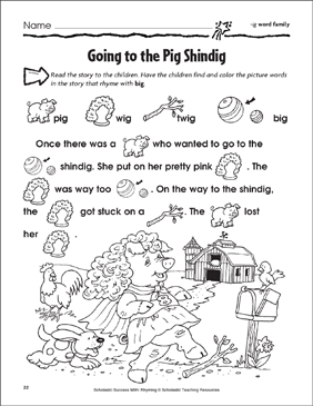going to the pig shindig ig ing ick in word families printable skills sheets cut and pastes
