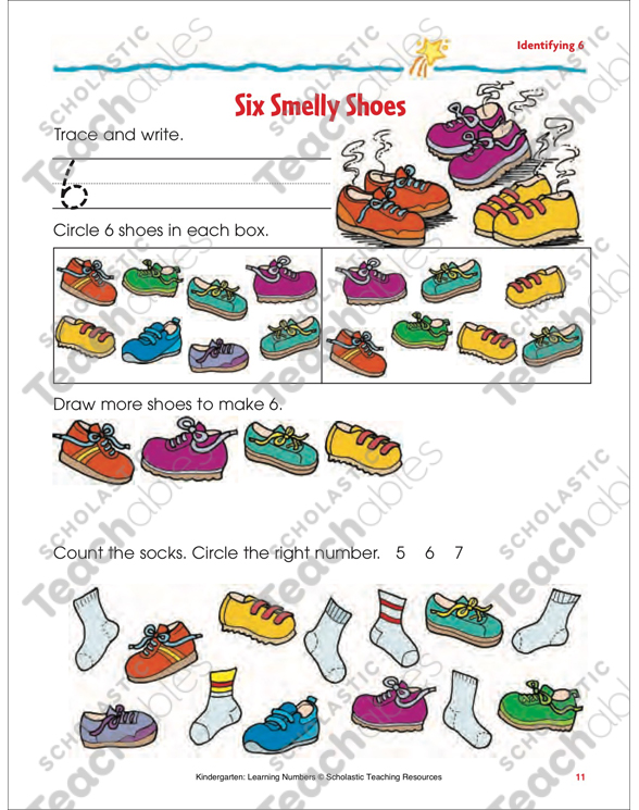 Six Smelly Shoes Writing and Counting 6 Color Printable Skills Sheets