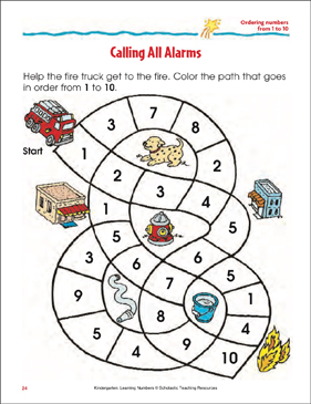 calling all alarms ordering numbers 1 10 color printable skills sheets mazes