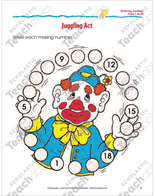 Juggling Act Ordering Numbers 1 20 Color Printable Skills Sheets