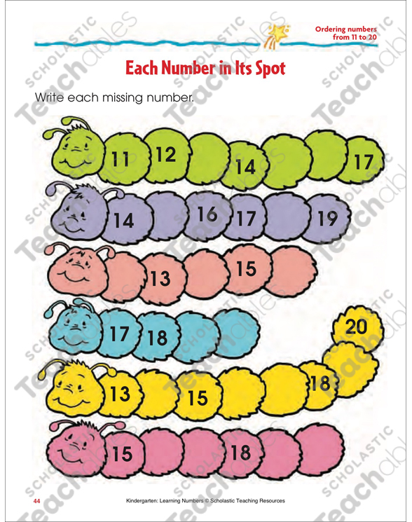 each number in its spot ordering numbers 11 20 color printable skills sheets