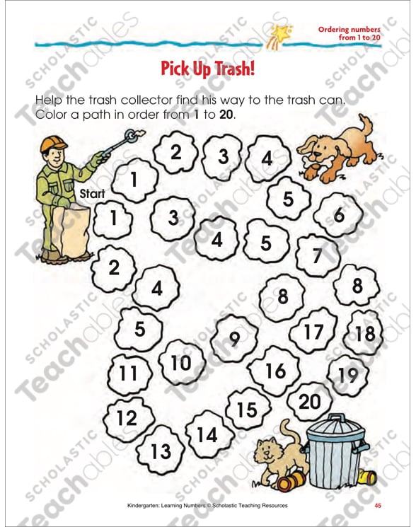 pick up trash ordering numbers 1 20 color printable skills sheets mazes