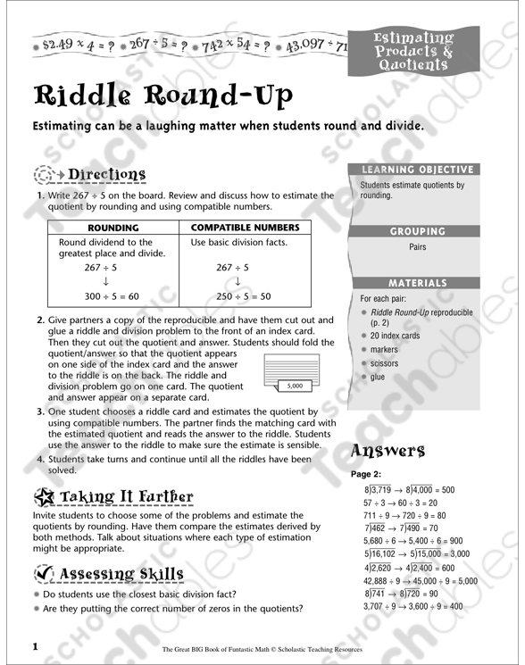 riddle round up estimating products quotients printable number puzzles lesson plans and ideas