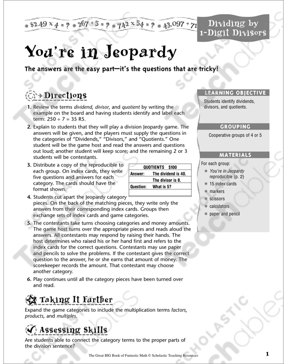 You're in Jeopardy (Dividing by 1-Digit Divisors ...