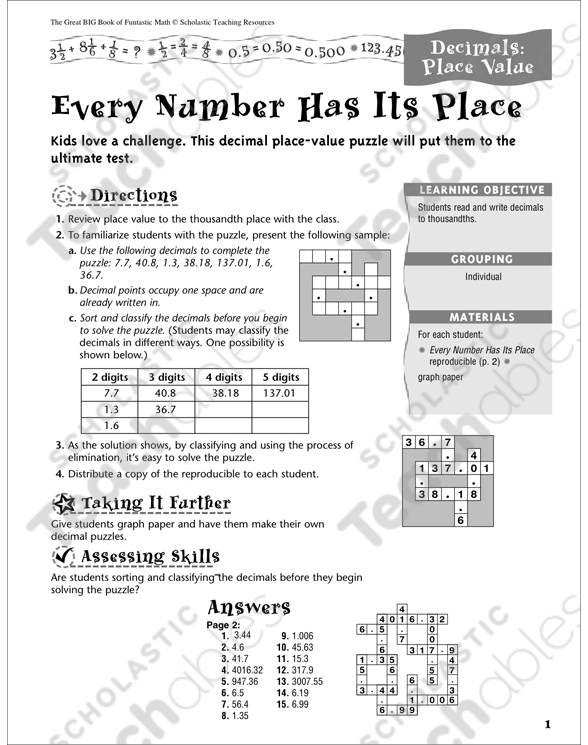 every number has its place decimals place value printable number puzzles lesson plans and ideas