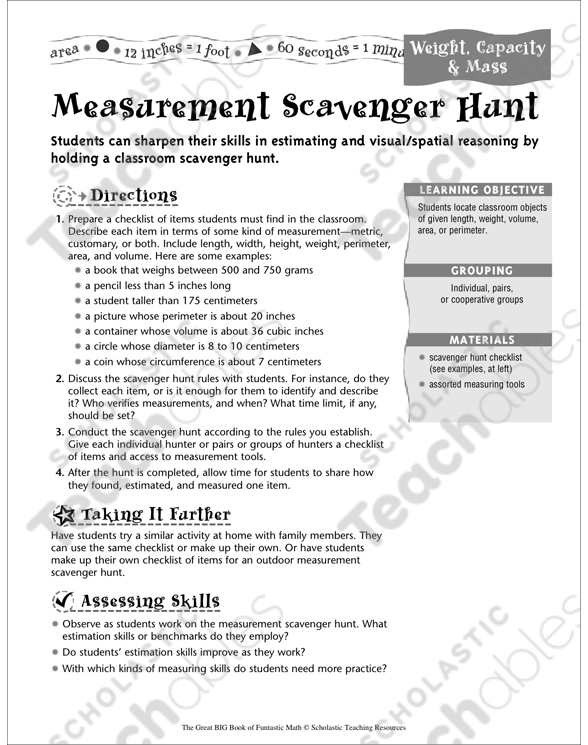 Measurement Scavenger Hunt (Weight, Capacity & Mass ...