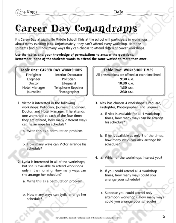 career day conundrums permutations printable number puzzles lesson plans and ideas