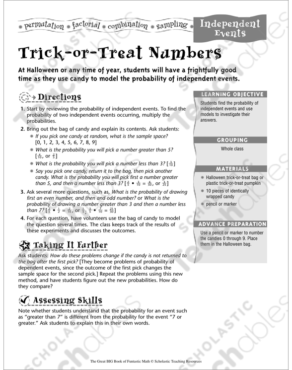 Trick-or-Treat Numbers (Independent Probability) | Printable ...