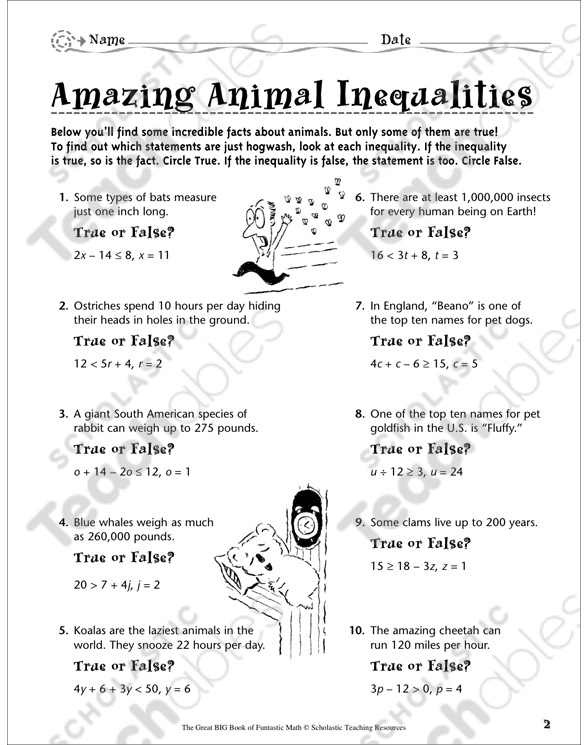 Amazing Animal Inequalities (Inequalities) | Printable Lesson ...