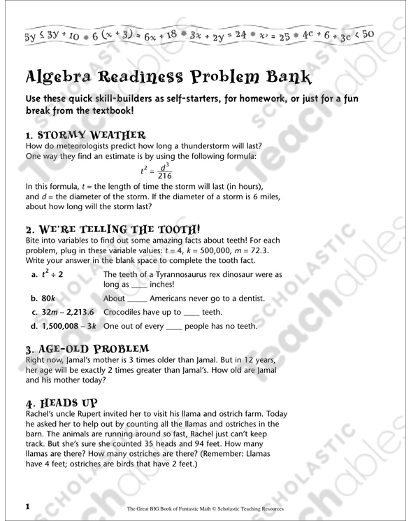 Problem Bank Algebra Readiness Printable Lesson Plans