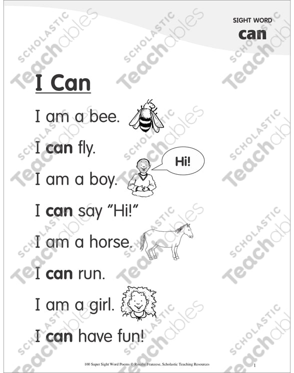 I Can Poem For Sight Word Can Printable Skills Sheets