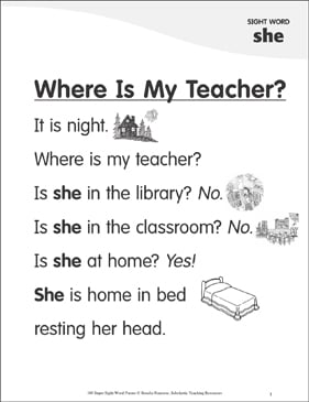 Where Is My Teacher Poem For Sight Word She Printable Skills Sheets