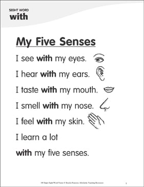 my five senses poem for sight word with printable skills sheets