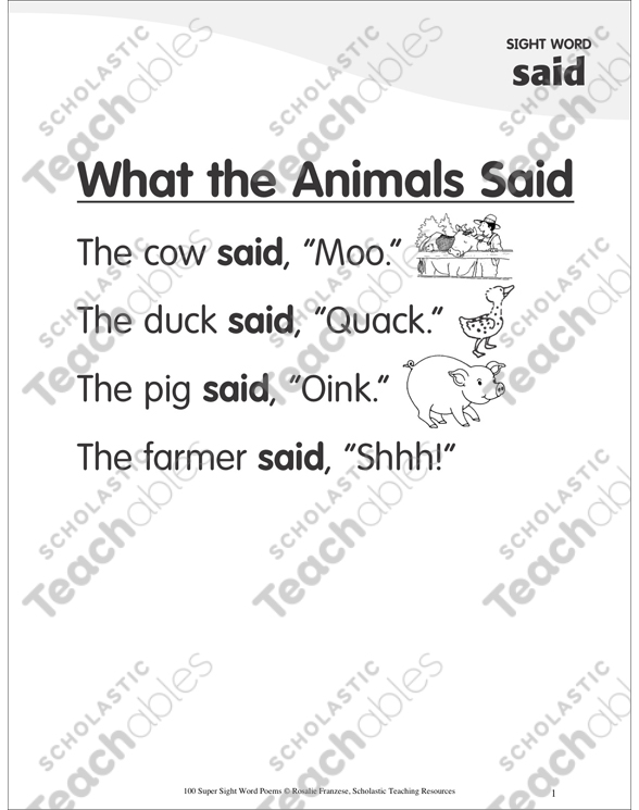 What the Animals Said: Poem for Sight Word “said” | Printable ...