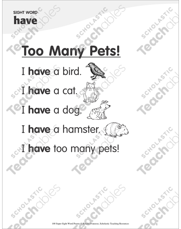 Too Many Pets!: Poem for Sight Word “have” | Printable Skills ...