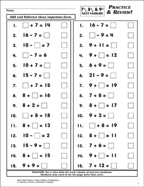 Practice & Review! (7's, 8's, & 9's Fact Families ...
