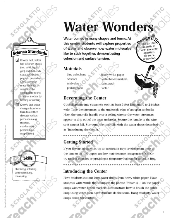 Water Wonders Science Center Printable Learning Centers and Skills