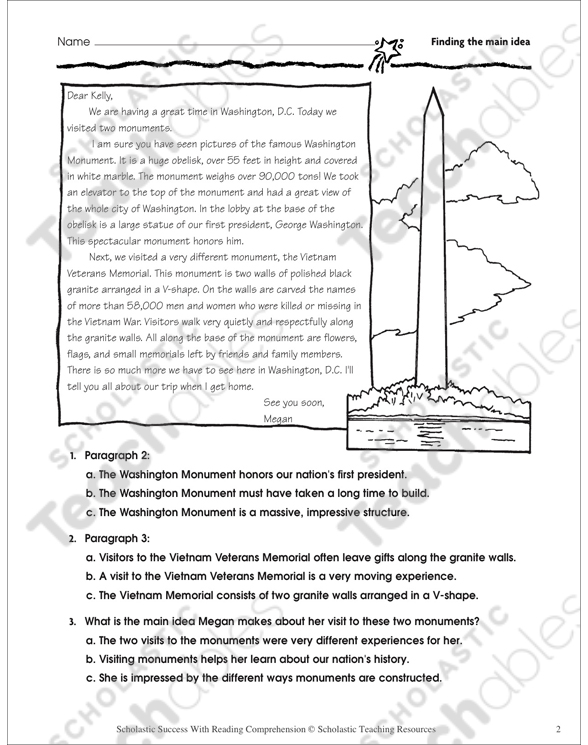 Terrific Trips Finding The Main Idea Printable Skills Sheets Texts