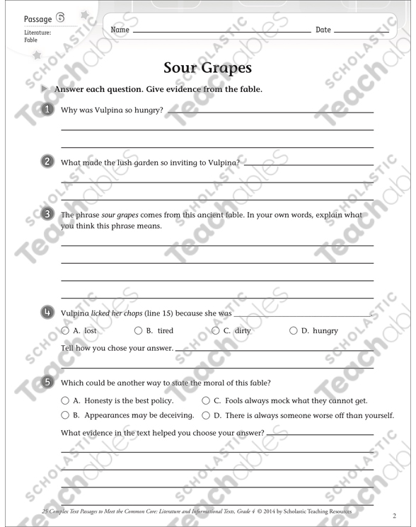 Sour Grapes Text Questions Printable Texts Skills Sheets
