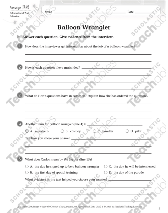Balloon Wrangler: Text & Questions | Printable Texts, Skills Sheets